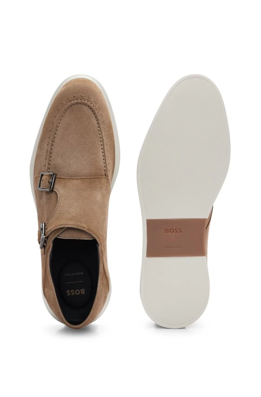 HUGO BOSS Men's Medium Beige Suede Double Monk Strap Buckle Dress Shoes
