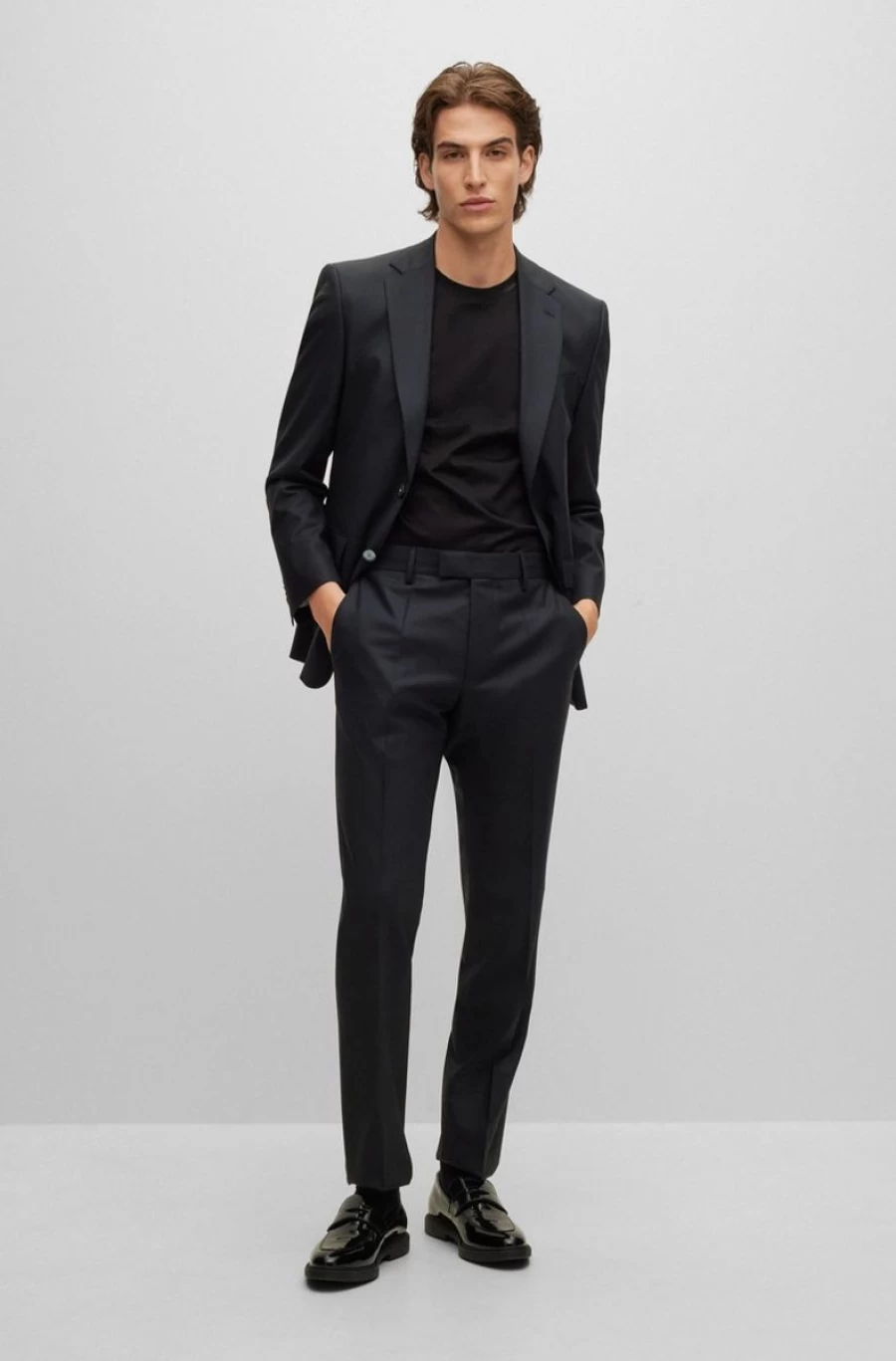 HUGO BOSS Men's Black Regular Fit Micro-Patterned Wool Blend Suit