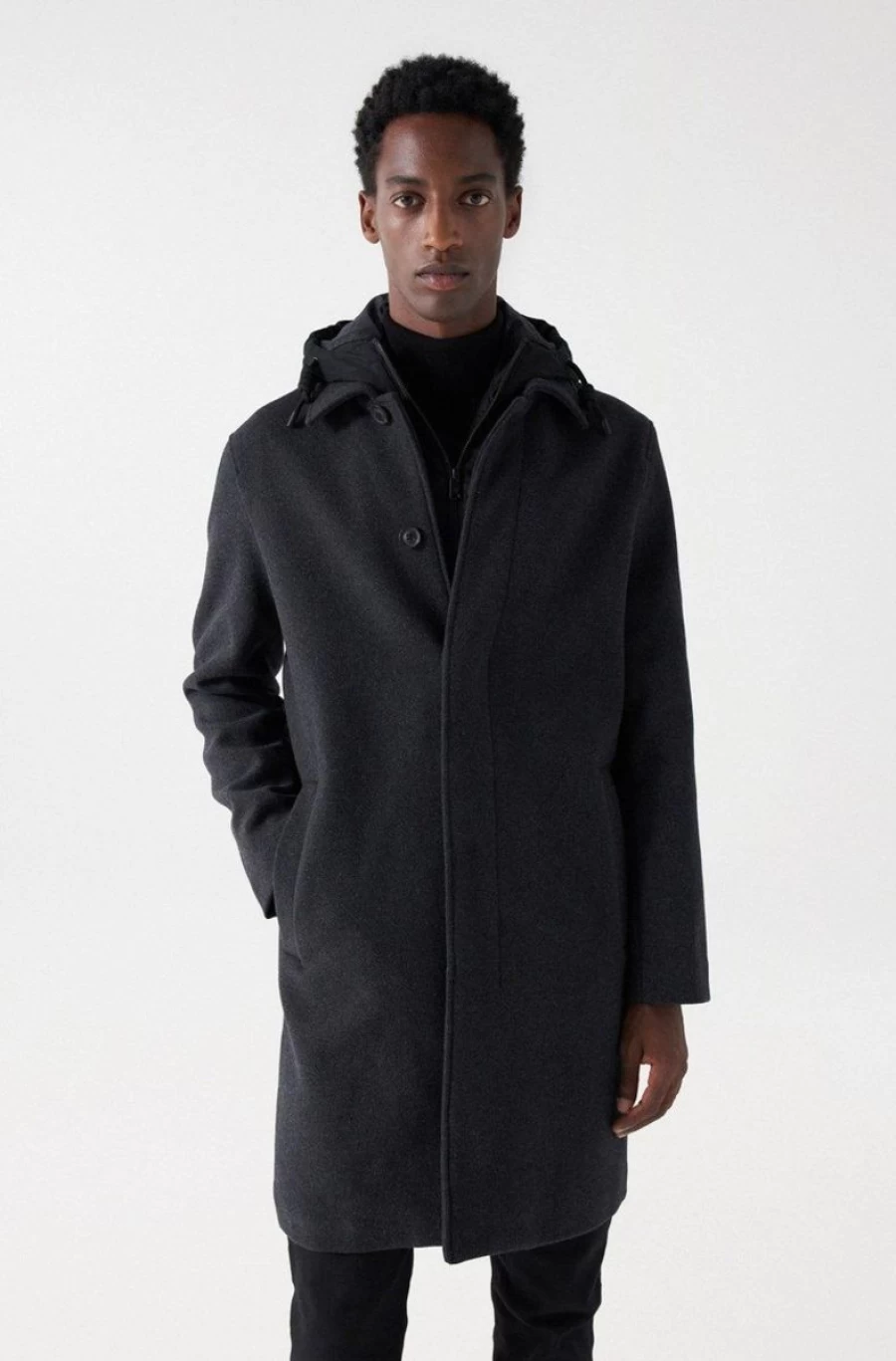 "SALSA JEANS Men's Long Wool Coat with Removable Hood – Premium Winter Overcoat"