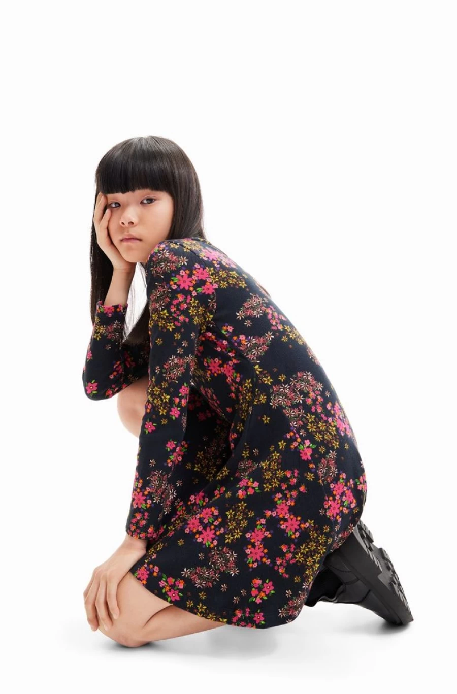 DESIGUAL Girls Floral Ribbed Dress for Spring Summer Fashion