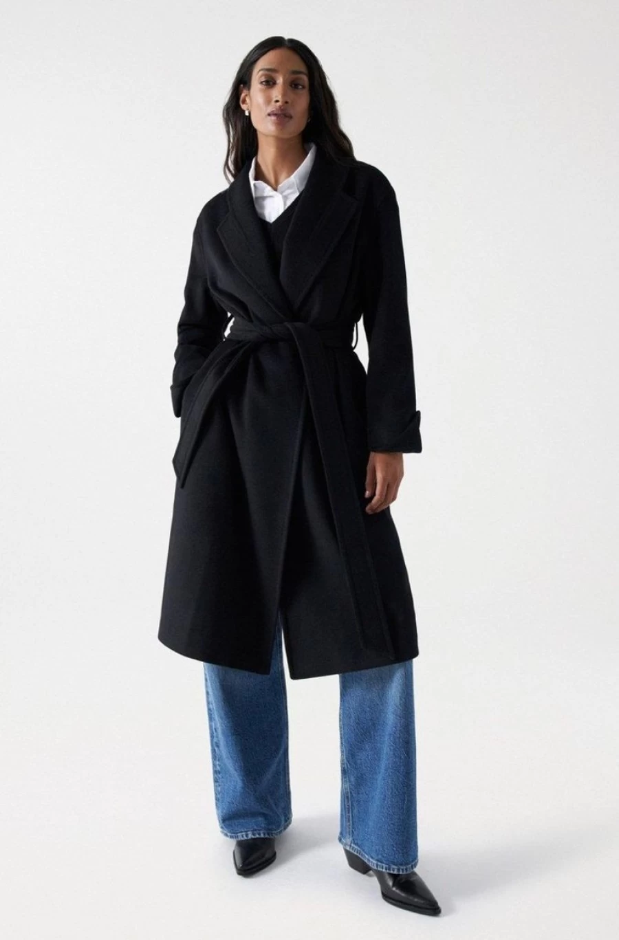 "SALSA JEANS Women's Long Wool Coat with Belt – Premium Winter Outerwear"