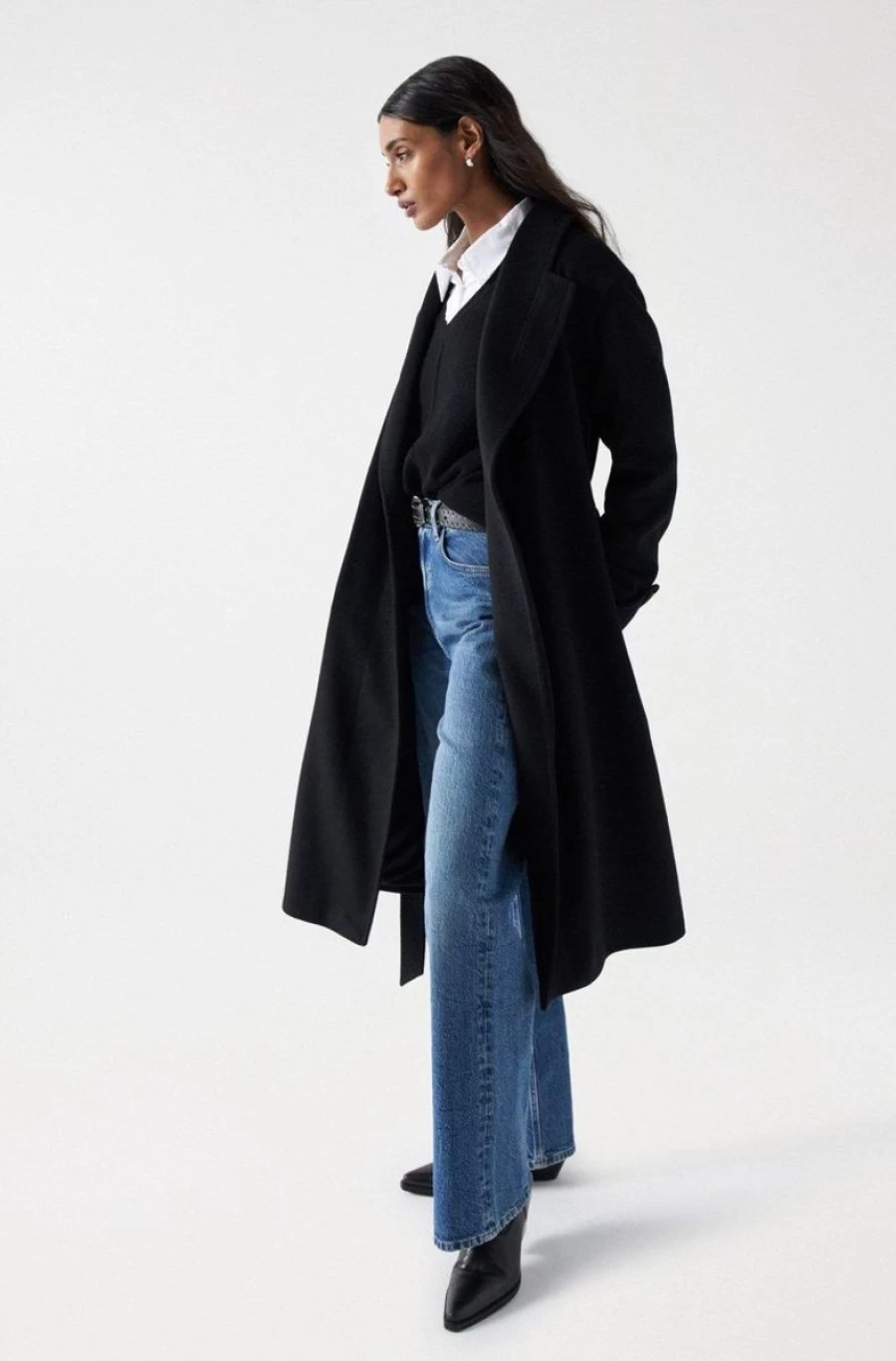"SALSA JEANS Women's Long Wool Coat with Belt – Premium Winter Outerwear"
