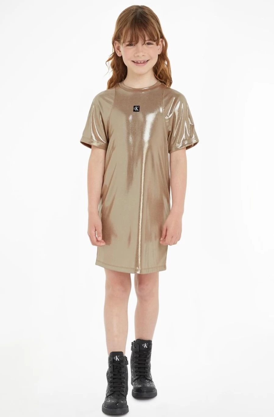 CALVIN KLEIN Girls Gold Metallic Coated Dress - Shiny Formal Party Wear