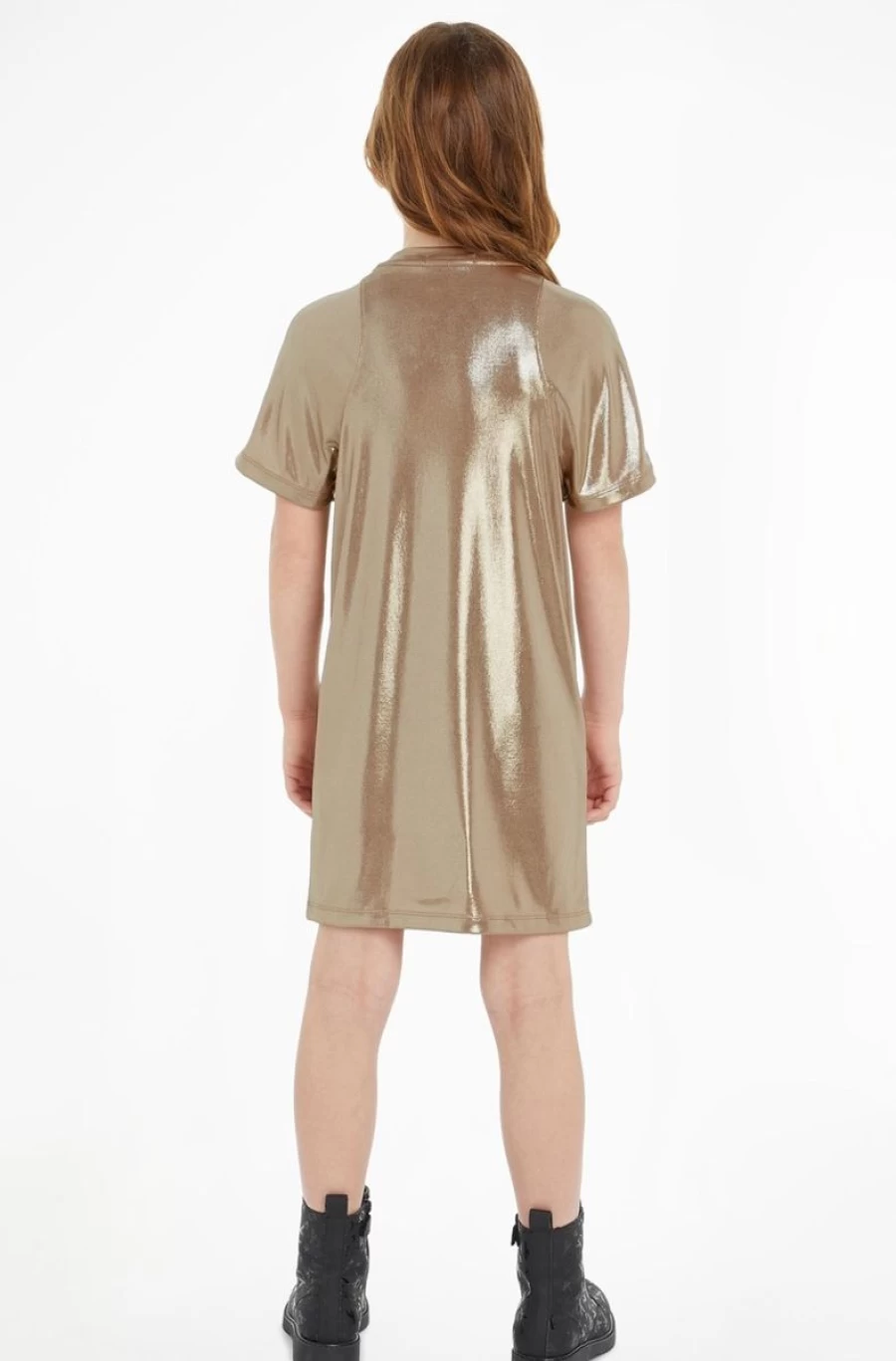 CALVIN KLEIN Girls Gold Metallic Coated Dress - Shiny Formal Party Wear